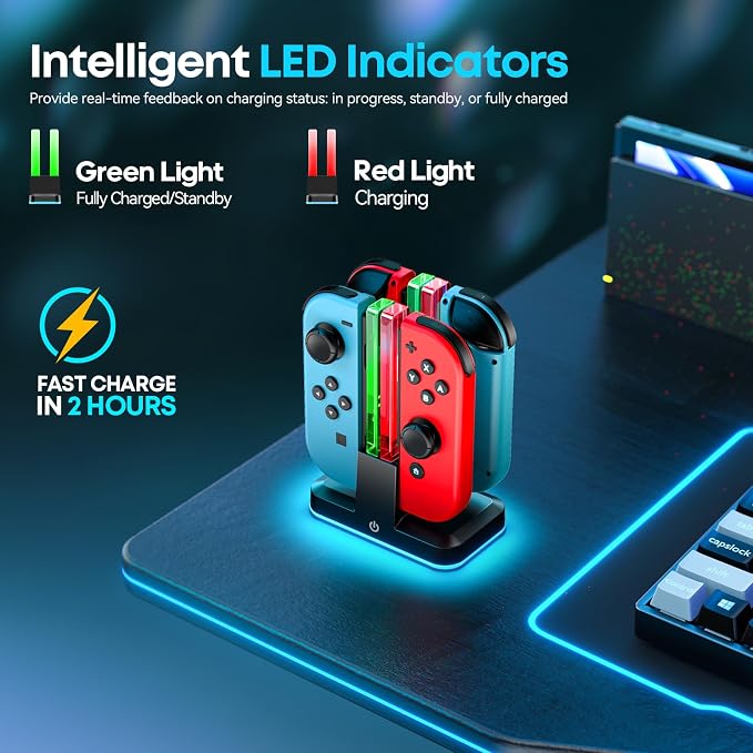 Switch Joycon Charger for SW 1 Model with 9 RGB Light Modes, Switch Controller Charger Stand with LED Indicators, SW Charging Dock Station for 4 Joycon Charging - Image 2