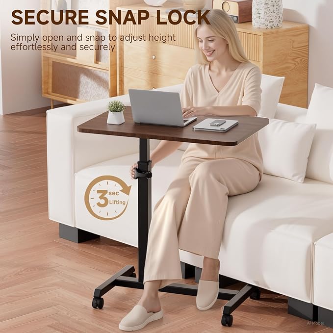 GTPLAYER Small Standing Desk, 24 Inches Foldable Mobile Rolling Laptop PC Table with Lockable Casters, Adjustable Height Overbed Bedside Table Computer Workstation for Home Office, Walnut-Foldable - Image 5