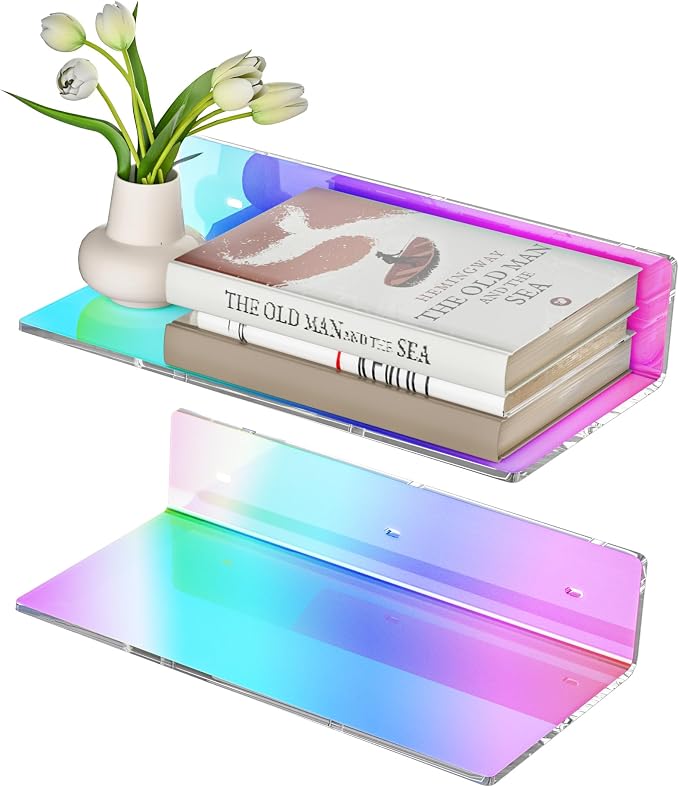 Sezanrpt 12 Inches Iridescent Acrylic Wall Shelves Set of 2, Wall Mounted Shelf for Funko Pop Shelves, Smart Speaker, Plants, Picture Frame, Digital Clock, 2 Pack by Sezanrpt