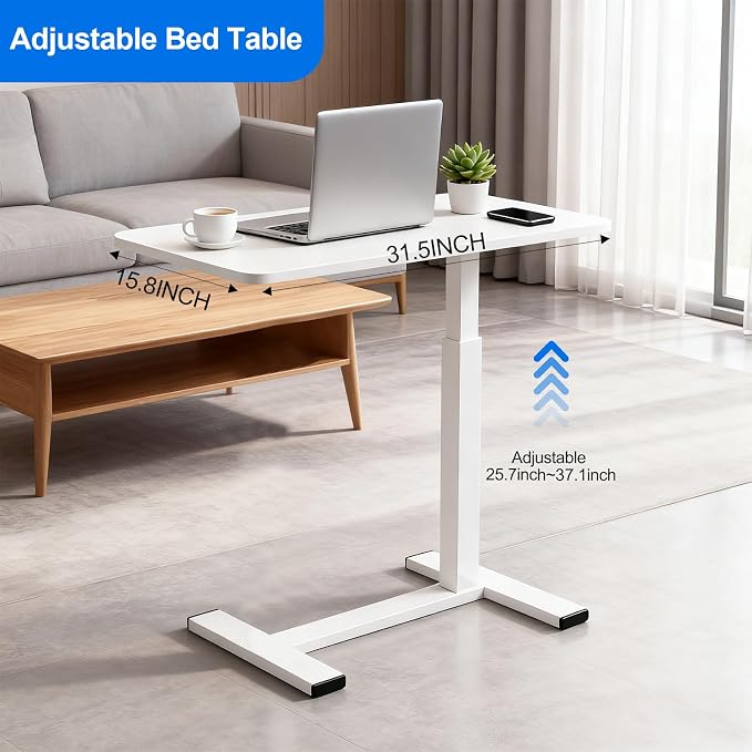 Large Pneumatic Hospital Bed Table,Hidden Wheels Adjustable Height C-Shaped End Table,Overbed Bedside Table with Wheels, Side Table for Sofa & Bedside(15.8''Wx31.5'D'x37.1''H,White) - Image 2