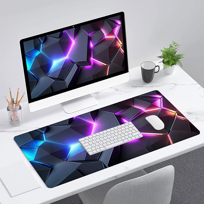 Neon 3D Geometry Desk Pad Mouse Pad Colorful Crack Cool Extended Gaming Mouse Pad Mat with Stitched Edge Non-Slip Base Big Mouse Pad Office Computer Keyboard Laptop Home 31.5"x11.8" - Image 3