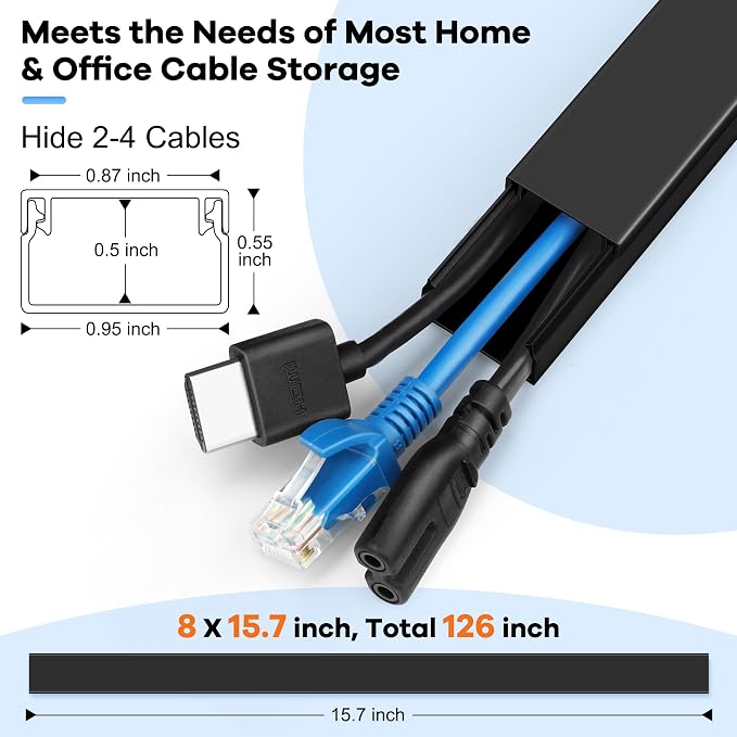 126in Cord Hider Kit, Wire Hiders for TV on Wall, Paintable Cable Management Kit, Wire Cover for Wall Mount TV, Hide Wires Along Wall, Black Cord Cover Wall Wire Management, 8xL15.7in W0.95in H0.55in - Image 2
