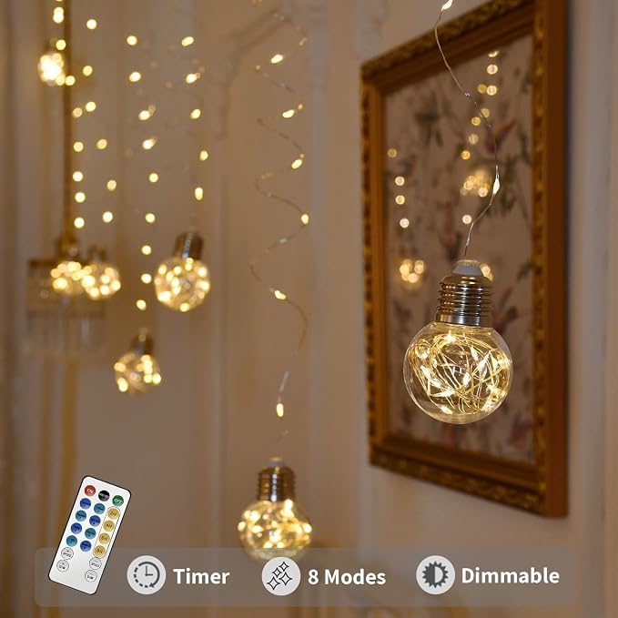 YOLIGHT Wishing Ball Curtain Lights 200 LED Window Curtain String Lights with Remote, USB Battery Powered Twinkle Globe Fairy Lights for Wedding Party Bedroom Christmas Decoration (Warm White) - Image 3