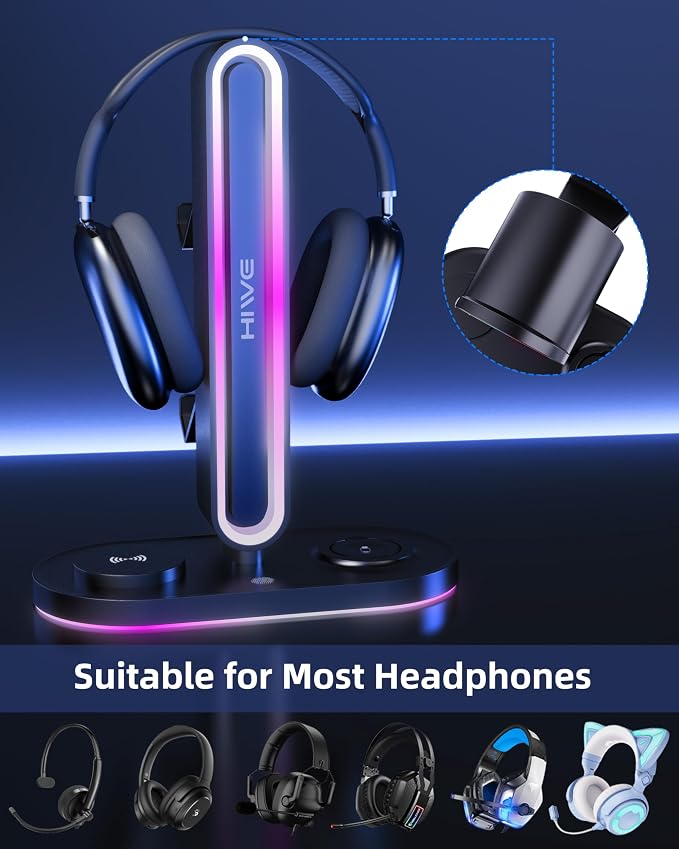 Headphone Stand, Dual Controller Holder, MagSafe Charger for iPhone/iWatch | RGB Gaming Headset Stand for All Headphones, Dual Outputs, ABS Solid Base, Adapter Included, Table Desk Organizer - Image 4