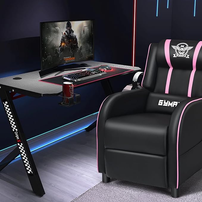 GYMAX Gaming Recliner, Massage Gaming Chair w/Adjustable Footrest, Remote Control & Side Pocket, Ergonomic Game Lounge Chair, Racing Style Single Theater Seat Game Sofa for Adults (Pink) - Image 2