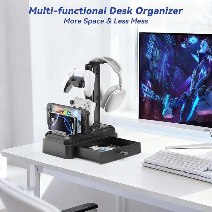 KDD Headphone Stand with Drawer - Rotatable Headset & Detachable Controller Holder for Desk - Multifunctional Organizer with Device Slot for Phones, Tablets - Universal for Gaming Accessories - Image 2