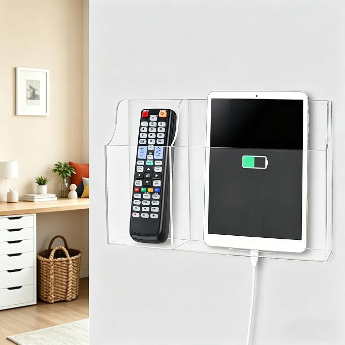 Clear Wall Tablet Holder Acrylic Wall Mounted Phone Holder for iPad, Remote Control Holder Laptop Stand for eReader Storage Caddy with Charging Holes for Kindle iPhone - Image 3