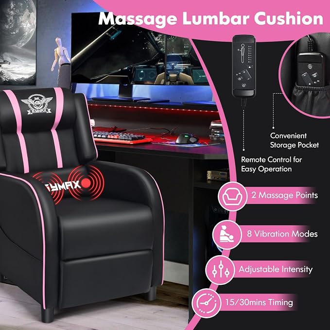 GYMAX Gaming Recliner, Massage Gaming Chair w/Adjustable Footrest, Remote Control & Side Pocket, Ergonomic Game Lounge Chair, Racing Style Single Theater Seat Game Sofa for Adults (Pink) - Image 4