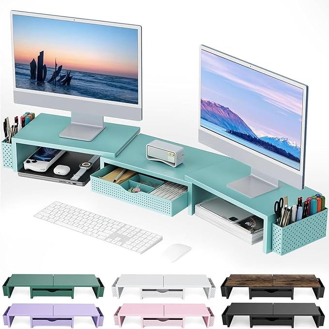 gianotter Dual Monitor Stand Riser With Drawer and 2 Pen Holders | Computer Monitor Stand Desk Organizer and Accessories Desk Shelf for Top of Desk (Blue) by gianotter