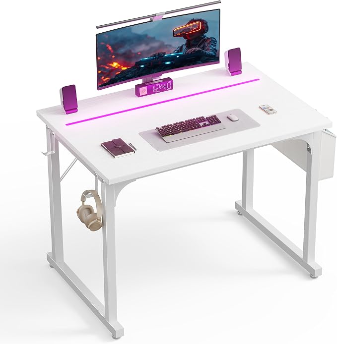 DurayLoly 32" Gaming Desk with Waterproof LED Lights for Bedroom,White by Durayloly