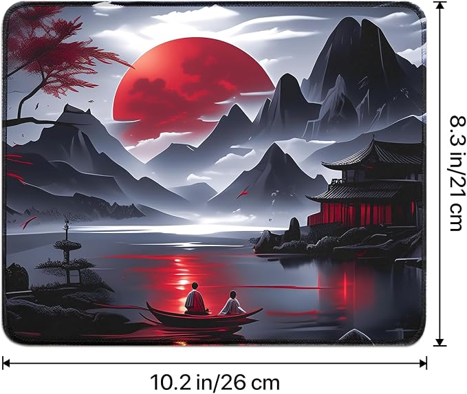 FreeNook Small Gaming Mouse Pad, Anime Black Mousepad with Stitched Edges, Expanded Cool Desk Mat, Japanese Red Moon Keyboard Mat Suitable for Home Office,10.2 X 8.3 Inch - Image 2