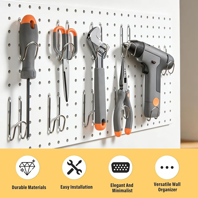 DEWEL 4 Pack White Metal Pegboard, 23x12 Inch Wall Organizer Kit with Hooks - Image 7