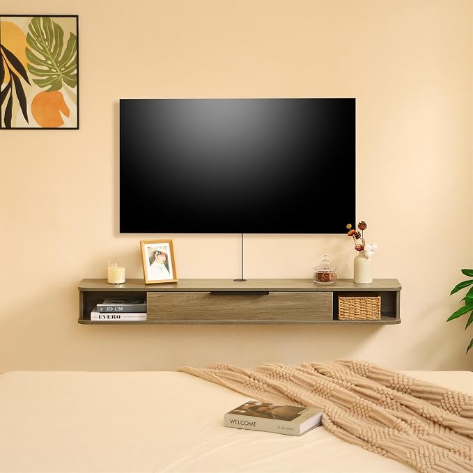 Floating TV Stand, 55" Wall Mounted TV Cabinet, Wood Media Console for TVs up to 65", Entertainment Center with Storage for Living Room, Under TVs Shelf for DVD Player, Wood Grain Grey - Image 6
