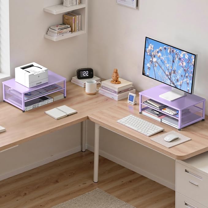 ECOLOVI 2-Tier Computer Monitor Stand Riser, Printer & Laptop Stand, Office Desk Accessories, Workspace Desk Organizer for Home Office Supplies, Purple - Image 3