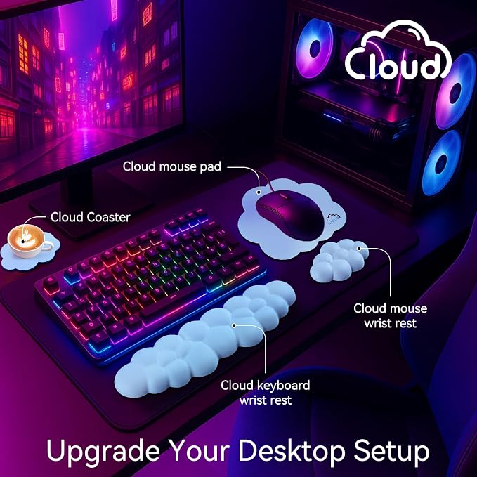 Sushret Cloud Wrist Rest for Computer Keyboard and Mouse Pad Set, Blue | Memory Foam, Leather, 4-in-1 Cloud Keyboard Wrist Rest Set with Ergonomic Support for Arm and Palm Cushion, Gaming/Work Setup - Image 2