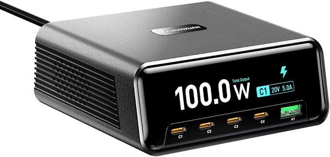 Desktop Charging Station, 100W 5-Port GaN Fast USB C Charger with LCD Smart Display & Control Knob, Gaming Desk Charger for Multiple Devices, Compatible with MacBook, iPhone, iPad, Galaxy, Home Office by FUHAOXUAN