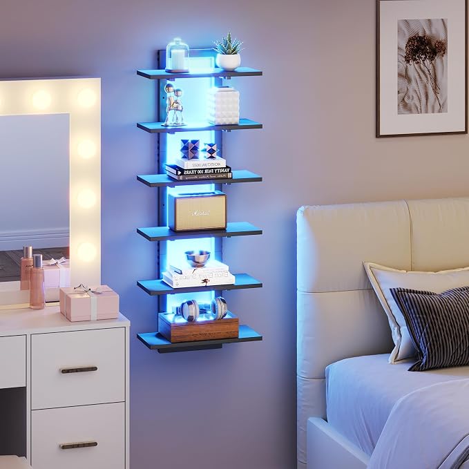 LED Wall Mounted Display Shelf with RGB Lights, 6-Tier Vertical Wall Shelf for Gaming Room, Bedroom and Living Room, Floating Shelves for Collectibles and Decor, 15"W x 5.5"D x 43.3"H, Black - Image 5