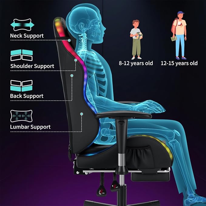 HOFFREE RGB Gaming Chair for Kids LED Computer Chair 155°Recliner-Black | PC Game Chair with Lights Gamer Chair for Boys Teens 8-15 Video Game Chairs with Footrest and Lumbar Support Racing Style - Image 8