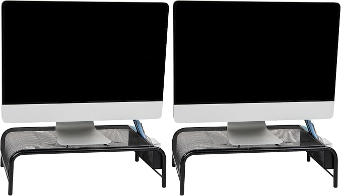 Mind Reader Monitor Stand, Ventilated Laptop Riser, Desktop Organizer, Side Storage, Metal Mesh, 20" L x 11.5" W x 5.5" H, Black (Pack of 2) by MindReader
