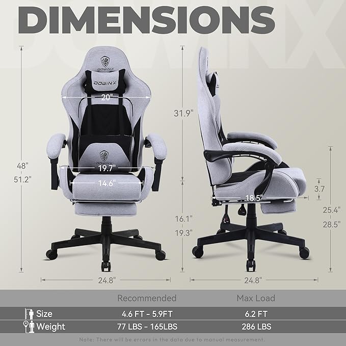 Dowinx Gaming Chair Fabric with Pocket Spring Cushion, Massage Game Chair Cloth with Headrest, Ergonomic Computer Chair with Footrest 290LBS, Black and Grey - Image 3