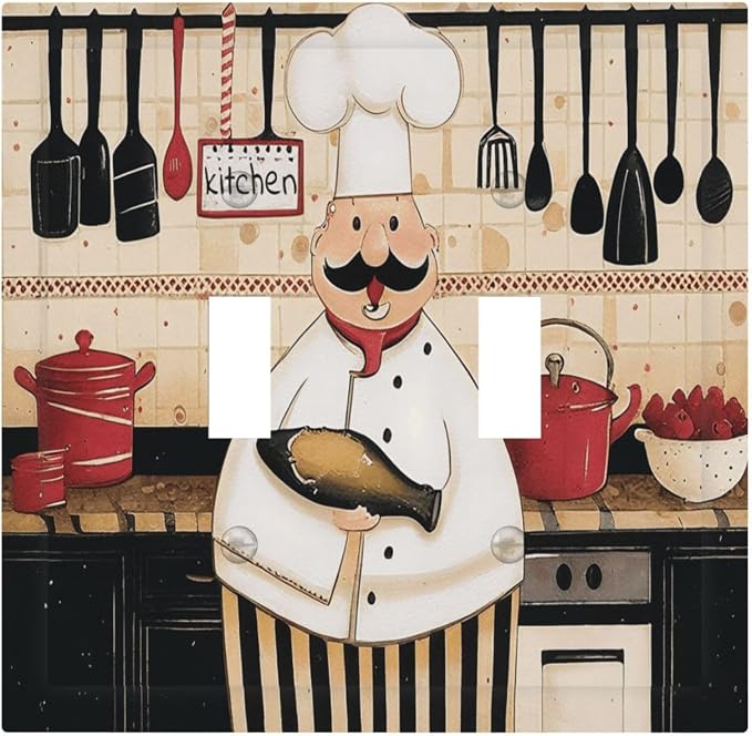 Decorative Light Switch Cover Plate Cartoon Fat Happy Chef Cook 2 Gang Switch Plate Covers Double Toggle Wall Plate Dual Device Electrical Switchplate Dimmer Faceplate for Farmhouse Kitchen by JOOJIAO