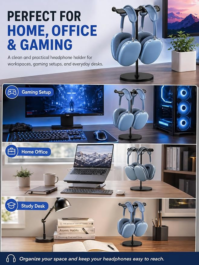NQQNQQ【1PACK Aluminum Dual Headphone Stand for Over-Ear Gaming Headsets – Heavy Base Holder Compatible with Beats, Bose, ATH, AKG. DJ-O (Black) - Image 3