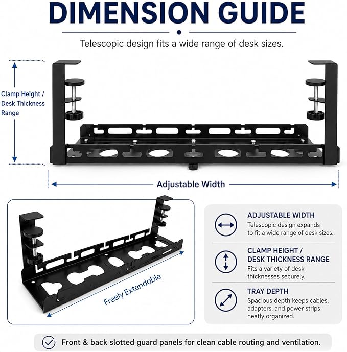 No Drill Under Desk Cable Management Tray, Adjustable 17.6"-27.4" Clamp-On Metal Cable Tray for Power Strip, Under Desk Cord Organizer and Wire Management Holder for Standing Desk, Gaming Desk, Office - Image 4