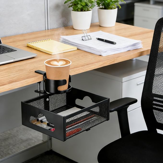 Desk Cup Holder Clamp, Clip On Table Cup Holder with Rotation Drawer - Image 9