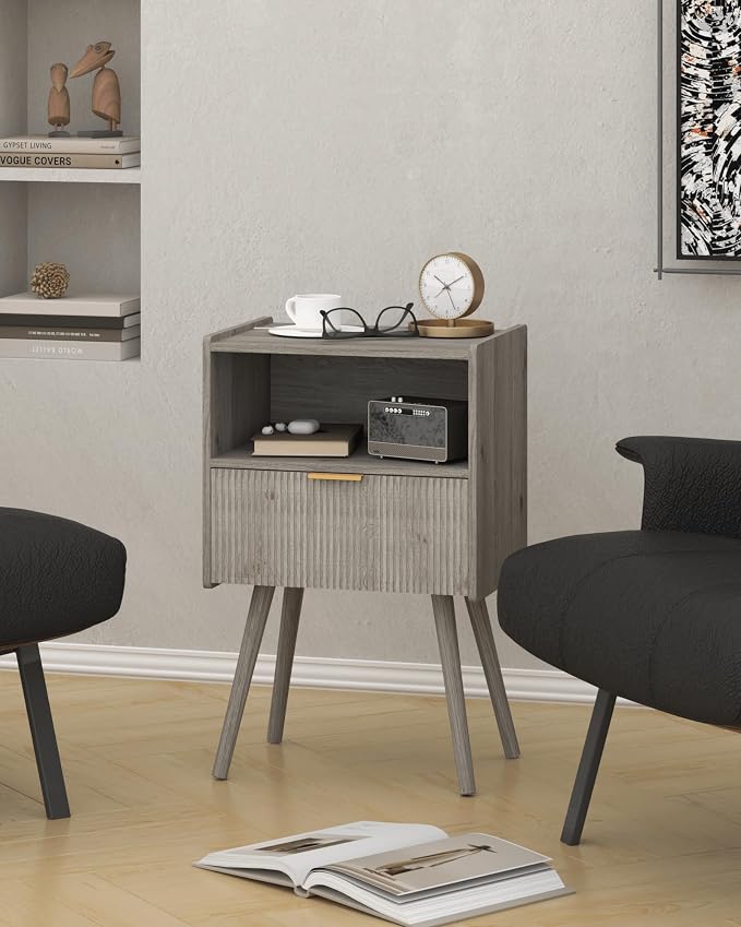 JOONEE Nightstand,Modern Bedside Table with Storage Drawer and Open Wood Shelf, for Living Room, Bedroom and Small Spaces, Accent Night Stand with Solid Wood Legs, Easy Assembly,Grey Oak - Image 7