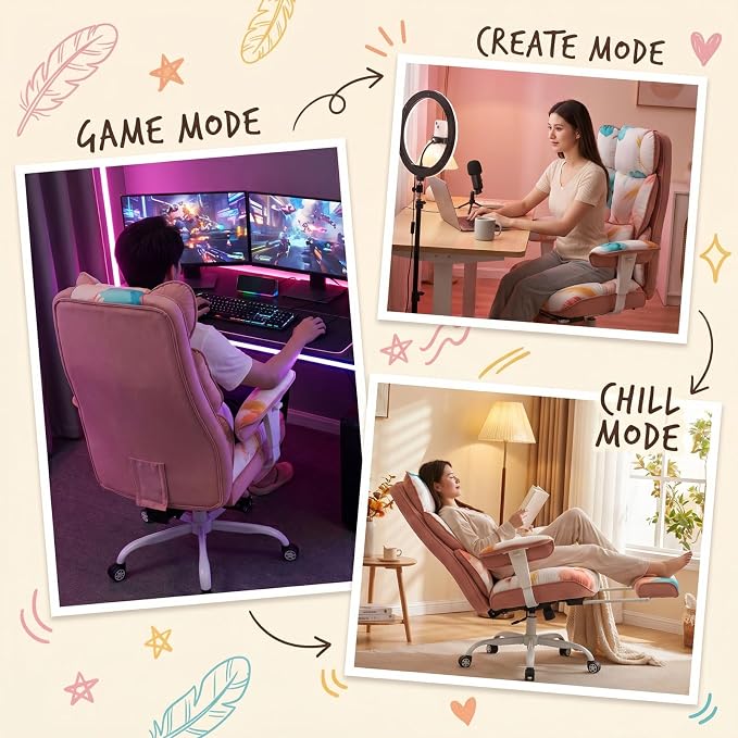 Efomao Watercolor Fabric Executive Office Chair Home Foot Rest, Pink | Soft Breathable Computer Desk Seat, Plush Comfy Cushion, Aesthetic Pastel Floral Patterns for Studio Vanity Cozy Setup - Image 7