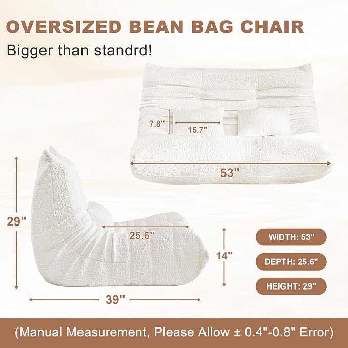 Bean Bag Chair for Adults - Large Bean Bag with Two Pillows, Oversized Boneless Chair with High-Rebound Memory Foam, Lazy Floor Sofa for Reading, Gaming, Living Room, Bedroom (Loveseat, White) - Image 2