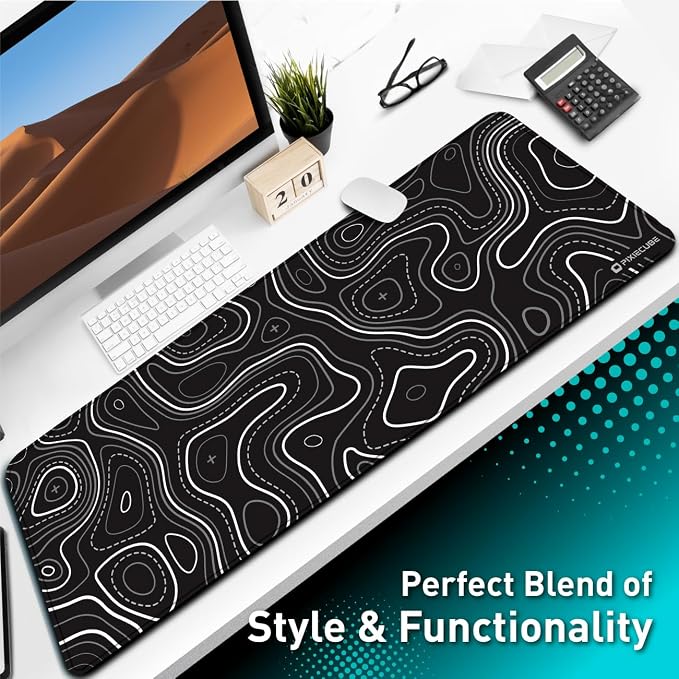Pixiecube Minimalist Topographic Map Mouse Pad - Contour Extended Large Stitch Edge Mousepad. Black & White Non-Slip XXL Gaming Desk Mat - Image 6