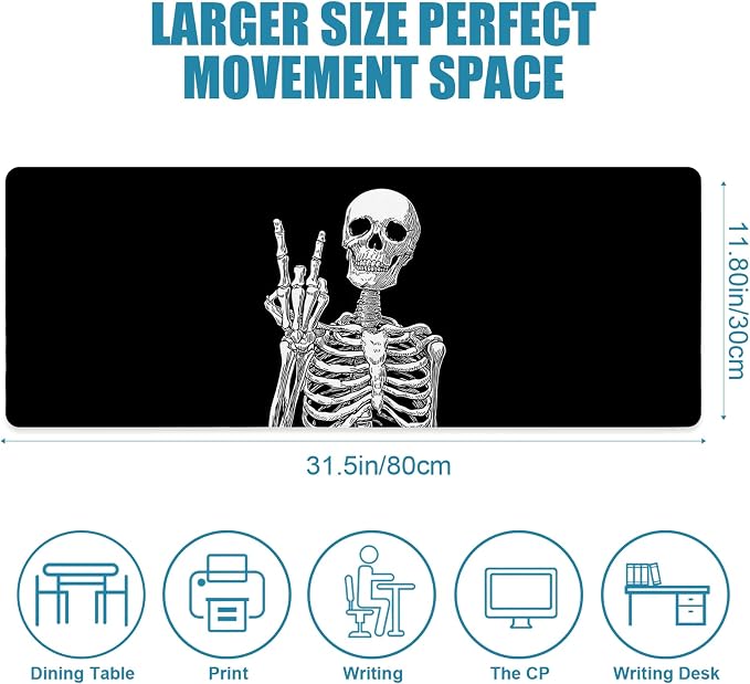 Large Gaming Mouse Pad, Human Skeleton Big Mousepad, XL Extended Desk Mat Non-Slip Rubber Base, Stitched Edges Computer Keyboard Mat for Office, 31.5x11.8in, Black and White Skull - Image 2