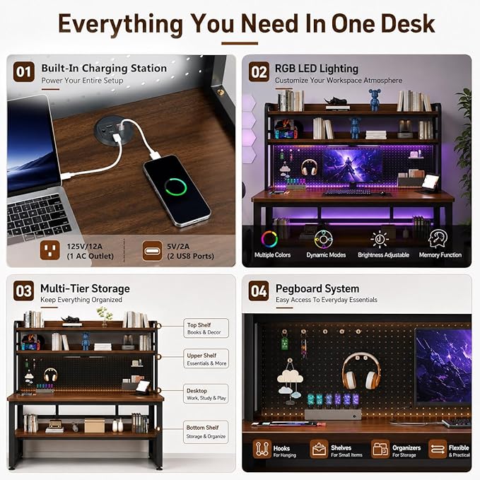 Computer Desk with Power Outlet & LED Lights | 47 Inch Gaming Desk with Hutch & Pegboard, Home Office Desk with Storage Shelves for Bedroom, Study (Brown, 47 Inch) - Image 5