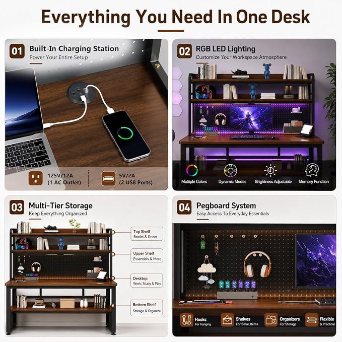 Computer Desk with Power Outlet & LED Lights | 40 Inch Gaming Desk with Hutch & Pegboard, Home Office Desk with Storage Shelves for Bedroom, Study(Brown,40inch) - Image 4