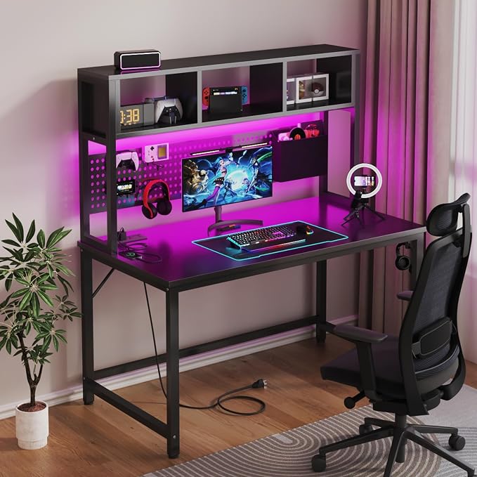 DLisiting Black Gaming Desk with Hutch and Pegboard - 47 Inch Gaming Desk with Shelves Storage Power Outlets, Computer Teen Work Study Writing Desks for Bedroom Home Office - Image 5