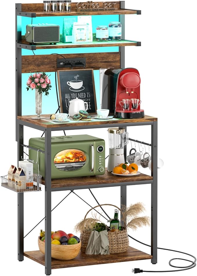 Aheaplus Bakers Rack with Power Outlet & RGB LED,5-Tiers Coffee Bar Table by Aheaplus