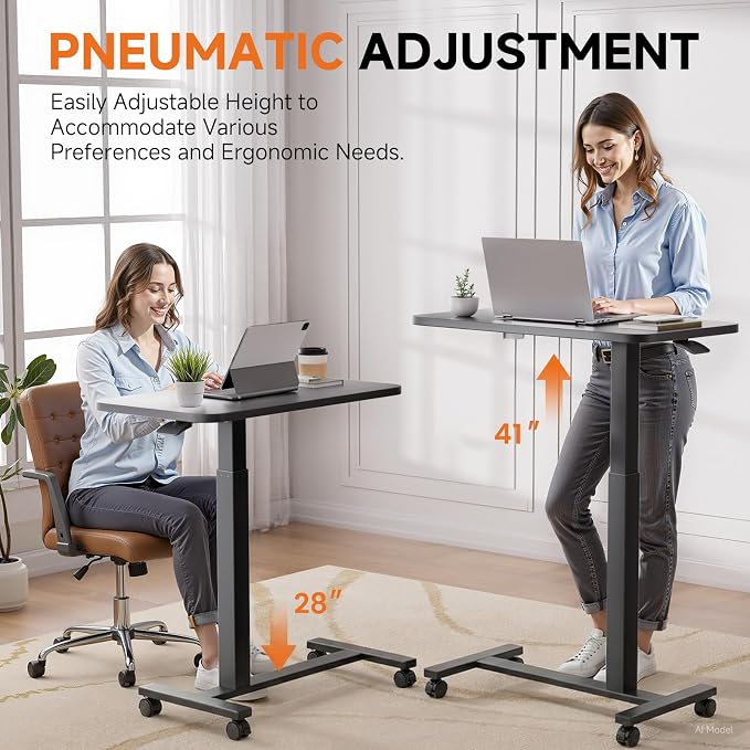 GTPLAYER Small Standing Desk with Lockable Wheels, Pneumatic Mobile Rolling Laptop Desk,Adjustable Height Overbed Bedside Table Computer Workstation for Home Office (32" W x 18" D, Black) - Image 4