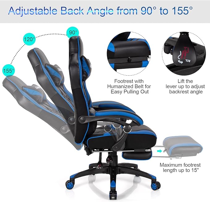 GYMAX Gaming Chair, Ergonomic Computer Chair with Footrest, Linkage Armrests & Lumbar Cushion, Big Wide High Back Video Gaming Chair, Reclining Office Rolling Chair for Adult/Teens (Blue) - Image 6