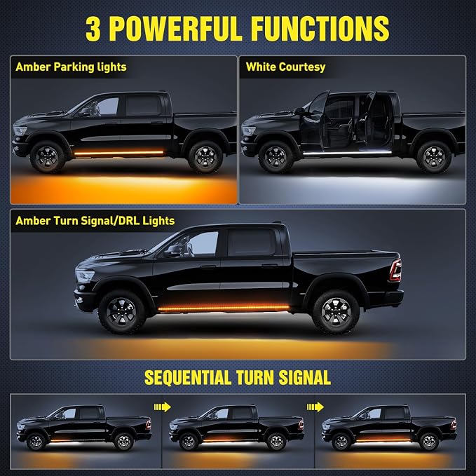 Nilight Truck Running Board Lights 2PCS 60 Inch LED Side Maker White Courtesy Light & Sequential Amber Turn Signal Lighting Strips Kit for Trucks Pickup SUV - Image 2