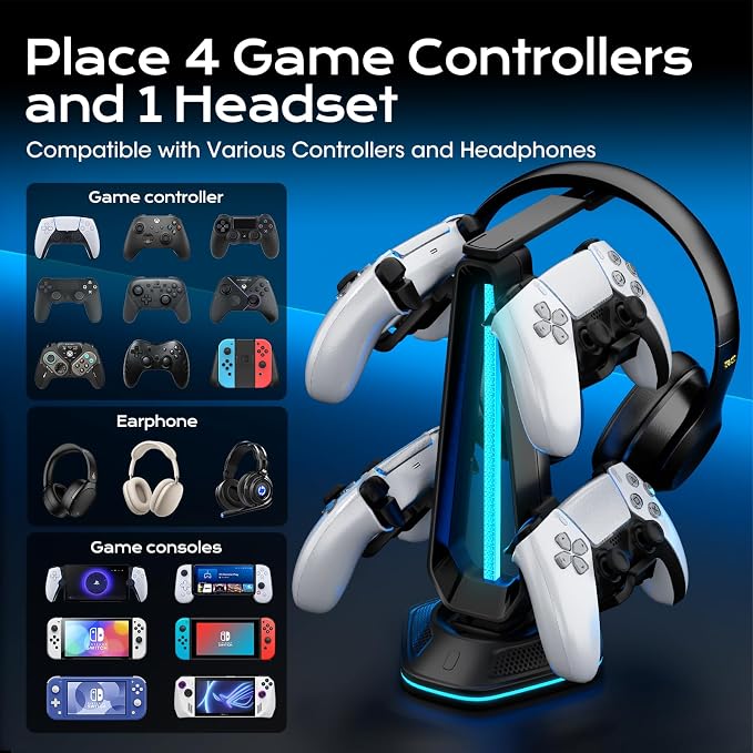 Saitake RGB Controller Holder with 9 Light Modes,Controller Stand with 2 USB Ports,Headset Stand for Desk-Headphone Holder Suitable for Xbox PS4 5 Switch Controllers Gaming Room Deco - Image 3