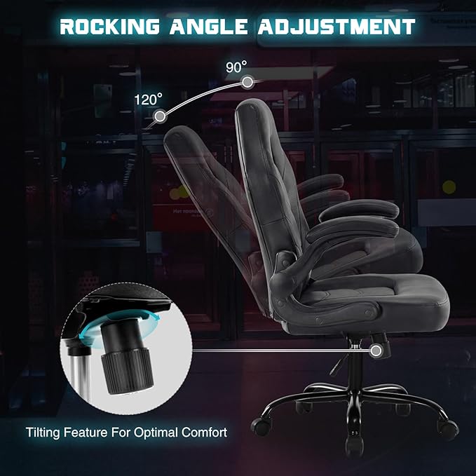 DUMOS Computer Gaming Chair, Home Office Desk Chair, PU Leather | PU Leather, Flip-up Armrest, Swivel Wheels, Lumbar Support, Video Game, Height Adjustable, Black - Image 5