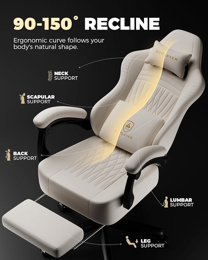GTPLAYER Gaming Chair, Video Game Chairs with Footrest, PC Gamer Chairs for Adults - Padded High Back Ergonomic Reclining Silla Gamer, Linkage Armrest, Ace Pro, Ivory - Image 5