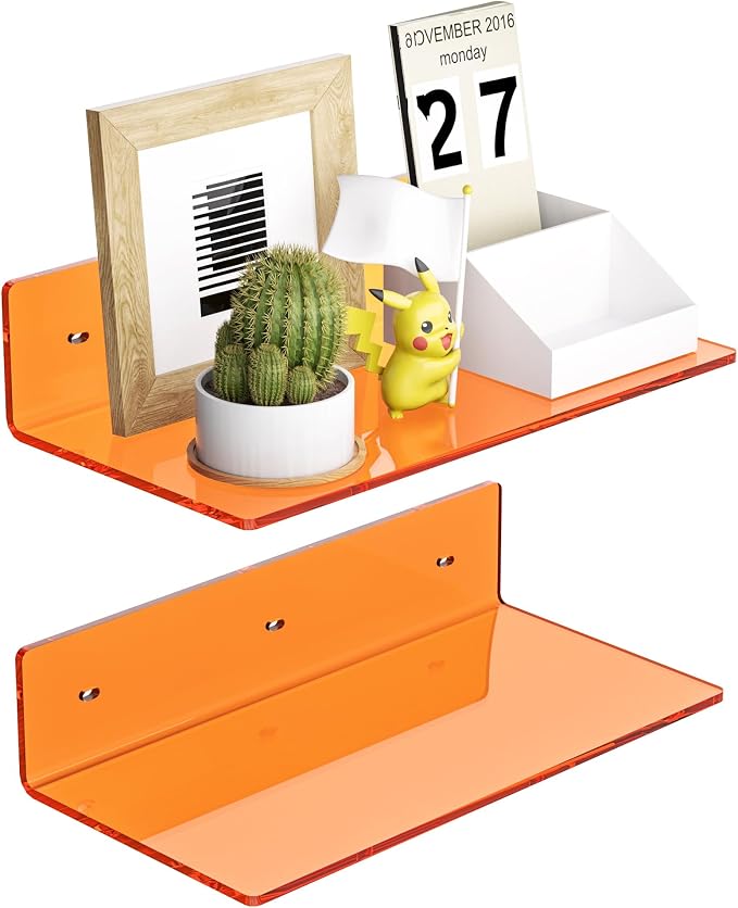 Sezanrpt 12 Inches Small Orange Wall Shelves Set of 2, Acrylic Floating Shelf for Bedroom, Living Room, Funko Pop Shelves, Smart Speaker, 2 Pack by Sezanrpt