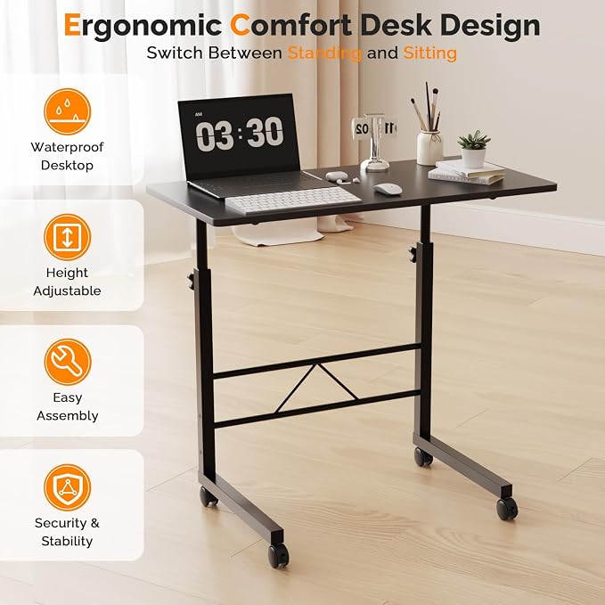 FCH Computer Workstation, Standing Desk Adjustable Height, Small Computer Desk w/Rolling, Sit Stand Laptop Desk TV Tray Computer Workstation for Bed Sofa Hospital Reading Eating, 31.5", Black - Image 7