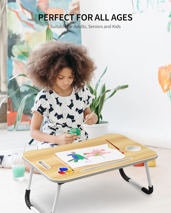 FISYOD Foldable Laptop Table, Portable Lap Desk Bed Table Tray, Laptop Stand with Cup Holder & Tablet Slot & Lifting Handle for Working Writing Drawing & Eating (Wood) - Image 3