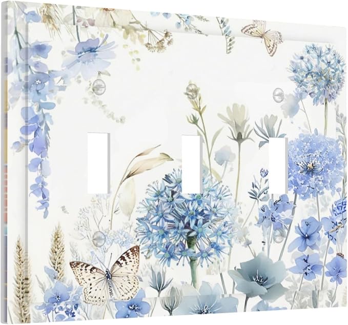 Decorative Light Switch Cover Plate Blue Floral Hydrangea Watercolor Wildflower 3 Gang Wall Plate Triple Toggle Switch Plate Covers 3 Hole Electrical Switchplate Dimmer Faceplate for Bathroom - Image 2