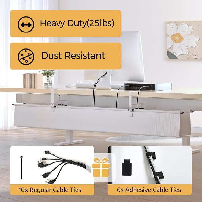 Under Desk Cable Management Tray, 48" Fabric Wire Cord Organizer, White - Image 5