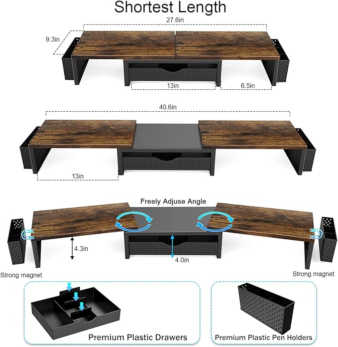 gianotter Dual Monitor Stand Riser With Drawer and 2 Pen Holders | Wood Computer Monitor Stand Desk Organizer and Accessories Desk Shelf for Top of Desk (Wood) - Image 6