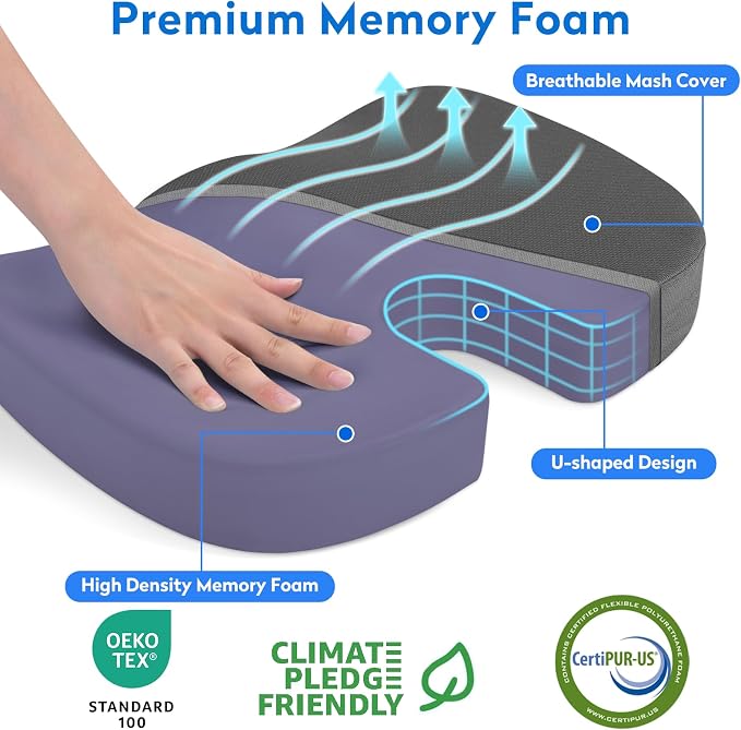 CushZone XXL Memory Foam Seat Cushion for Office & Car, Gray | U-shaped Coccyx Cutout, Contoured Design, Breathable Removable Mesh Cover, Non-Slip Base, Carry Handle - Image 2